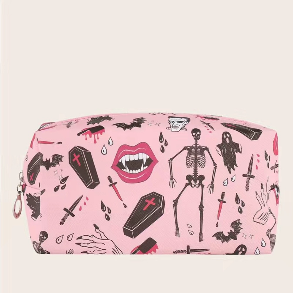 Halloween Pink Cosmetic Bag Goth Coffin Skeleton Dagger Fangs Ghoul Makeup - Picture 5 of 7